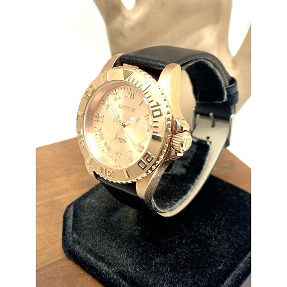 Invicta Women's Watch 14322 Angel Quartz Rose Gold Black Leather Strap 40mm - Picture 2 of 14